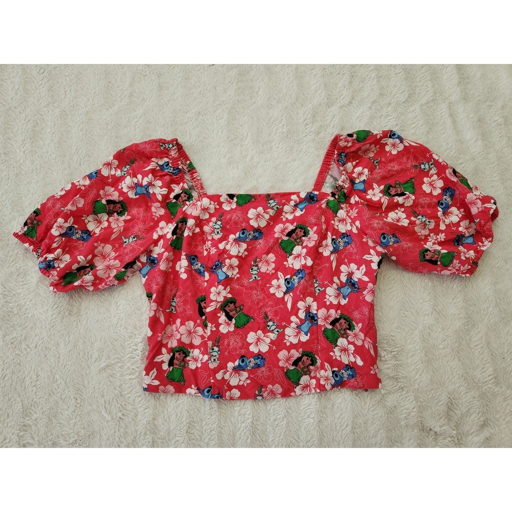 Disney Lilo & Stitch Hibiscus Crop Top Blouse Red Floral Puff Sleeve Large...
